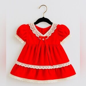 Vintage Red velvet baby dress with lace trim holiday dress Christmas outfit